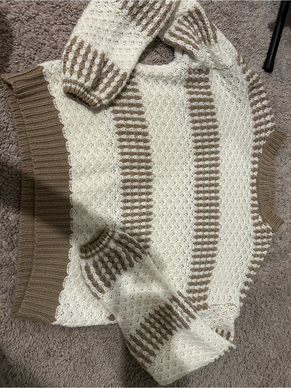 Cream and Tan Striped Knit Crewneck Sweater